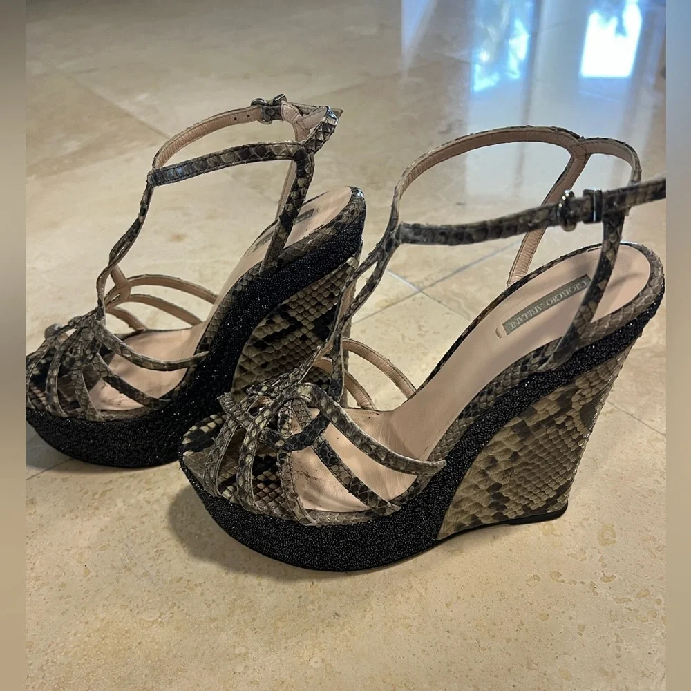 Giorgio Armani snake skin wedge platform sandal in gray and pewter colors